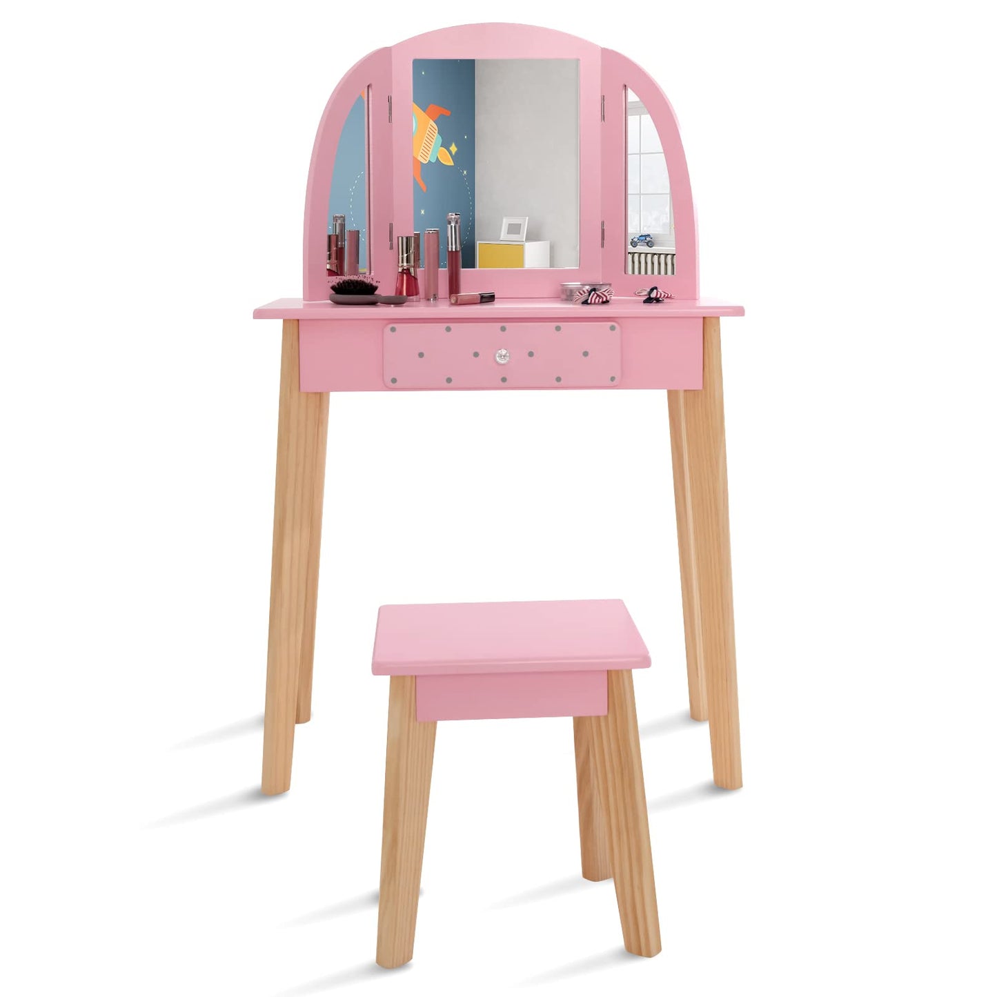 OLAKIDS Kids Vanity Table and Chair Set, Pretend Beauty Play Vanity Set with Tri-Folding Mirror Drawer Stool and Detachable Top, 2 in 1 Wooden Princess Makeup Dressing Table for Girls OLAKIDS