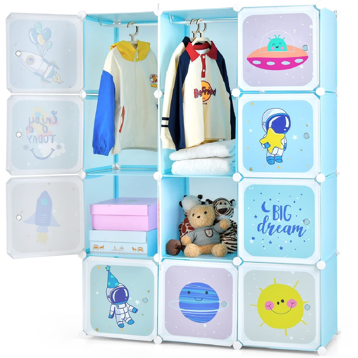 INFANS Children Wardrobe, Kid Closet Portable Baby Dresser Cute for Kids Bedroom Nursery Armoire with Doors 12 Cube 2 Hanging Sections, Kid Clothes Storage Organizer