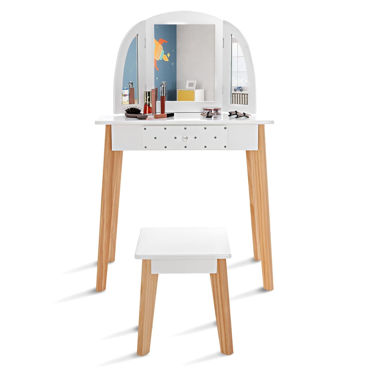 OLAKIDS Kids Vanity Table and Chair Set, Pretend Beauty Play Vanity Set with Tri-Folding Mirror Drawer Stool and Detachable Top, 2 in 1 Wooden Princess Makeup Dressing Table for Girls OLAKIDS