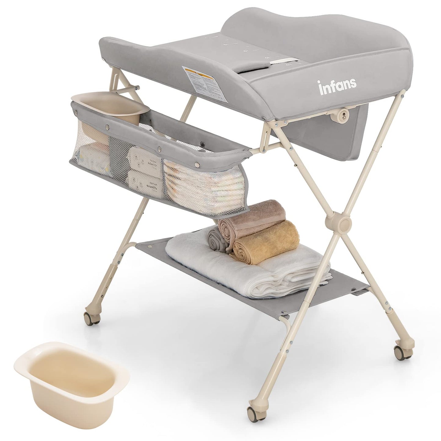 OLAKIDS Portable Baby Changing Table, Folding Diaper Dresser Station with Wheels, Adjustable Height, Safety Belt, Drying and Storage Rack OLAKIDS