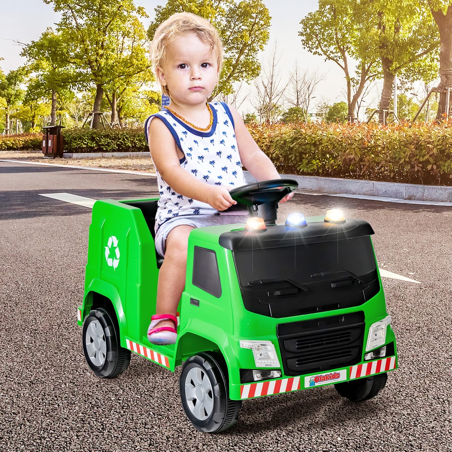 OLAKIDS Ride on Car, 6V Recycling Garbage Truck Electric Vehicle with Music, Horn, Warning Lights