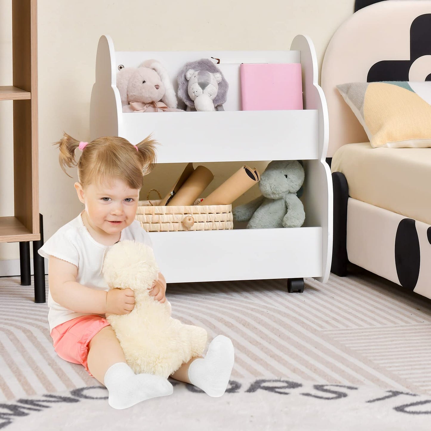 OLAKIDS Kids Bookshelf with Wheels, Wooden Bookcase Toy Storage Cabinet Organizer Holder