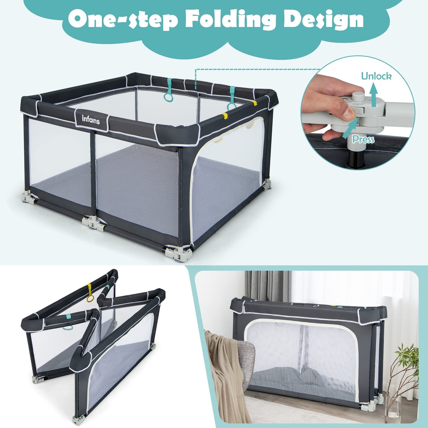 OLAKIDS Baby Playpen, 50’’x50’â€?Foldable Large Baby Playard, Indoor Outdoor Kids Activity Center Baby Fence