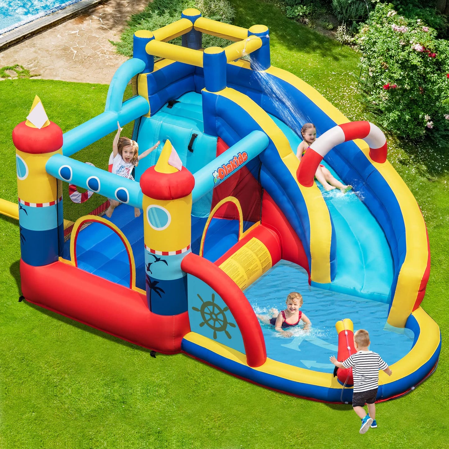 Inflatable Water Slides, Nautical Themed Bouncy House with Slide, Splash Pool, Climbing Wall, Water Gun