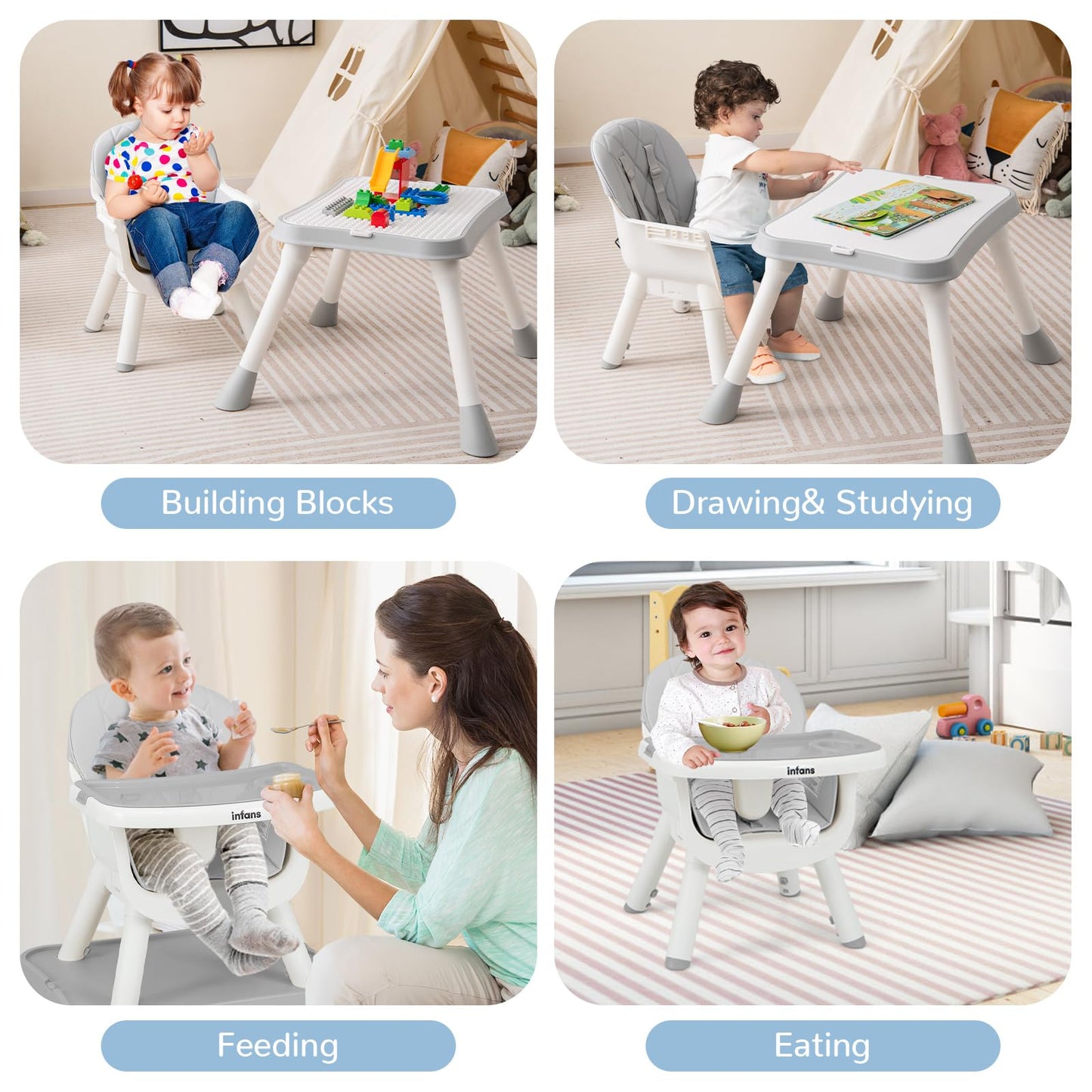 OLAKIDS 6 in 1 Baby High Chair, Convertible Highchair for Babies and Toddlers, Building Block Table