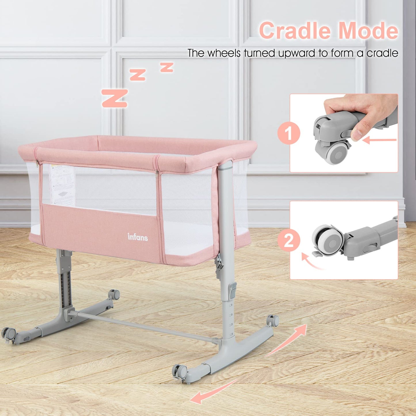 INFANS 3 in 1 Baby Bassinets, Bedside Sleeper for Newborn, Folding Crib with Mattress, Travel Bag, Wheels, 4-Sided Mesh, Easy to Assemble Cradle Co Sleeper Stationary, Rock
