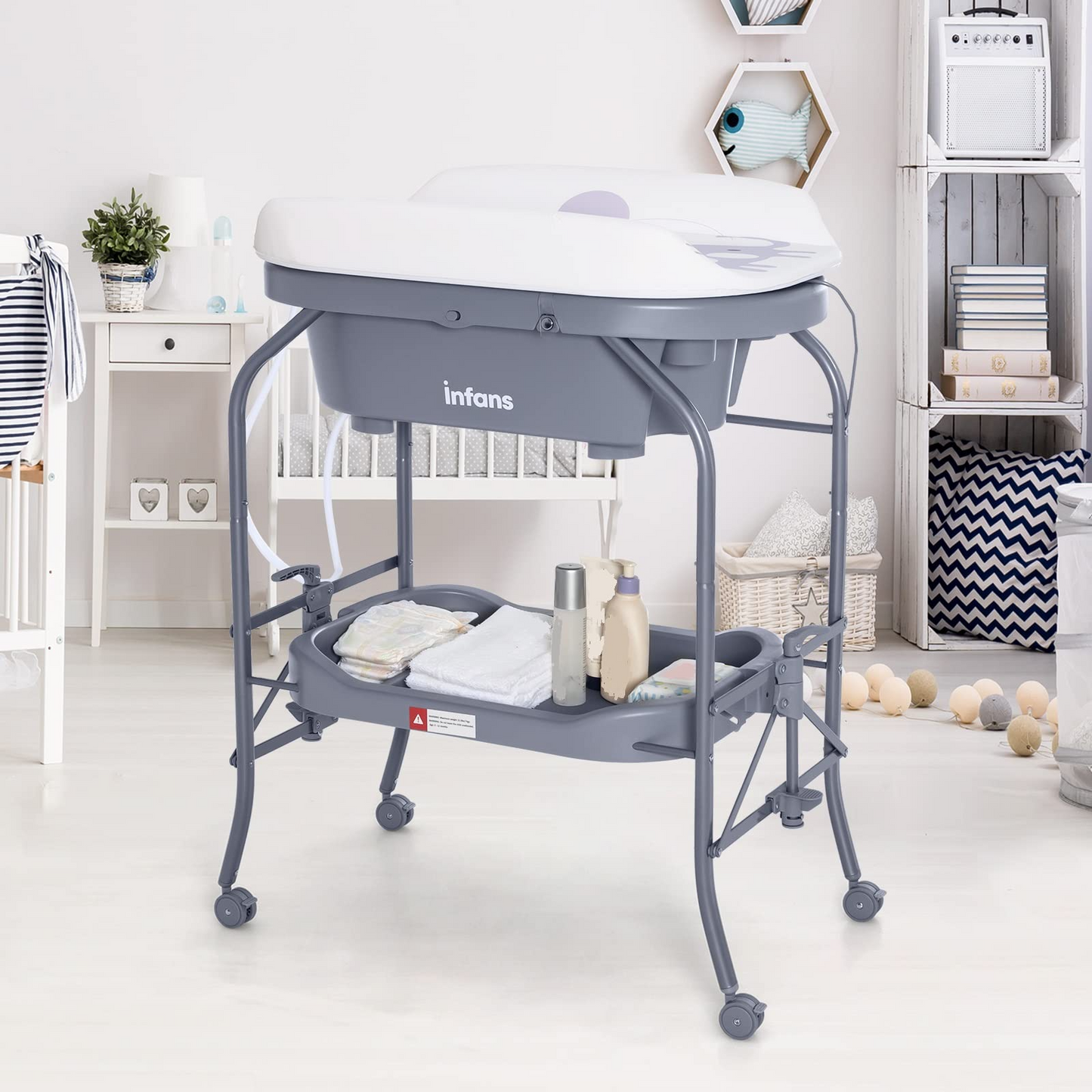 OLAKIDS 2 in 1 Baby Changing Table with Bath Tub Unit, Folding Diaper Dresser Station with Wheels Waterproof Pad Storage Rack OLAKIDS