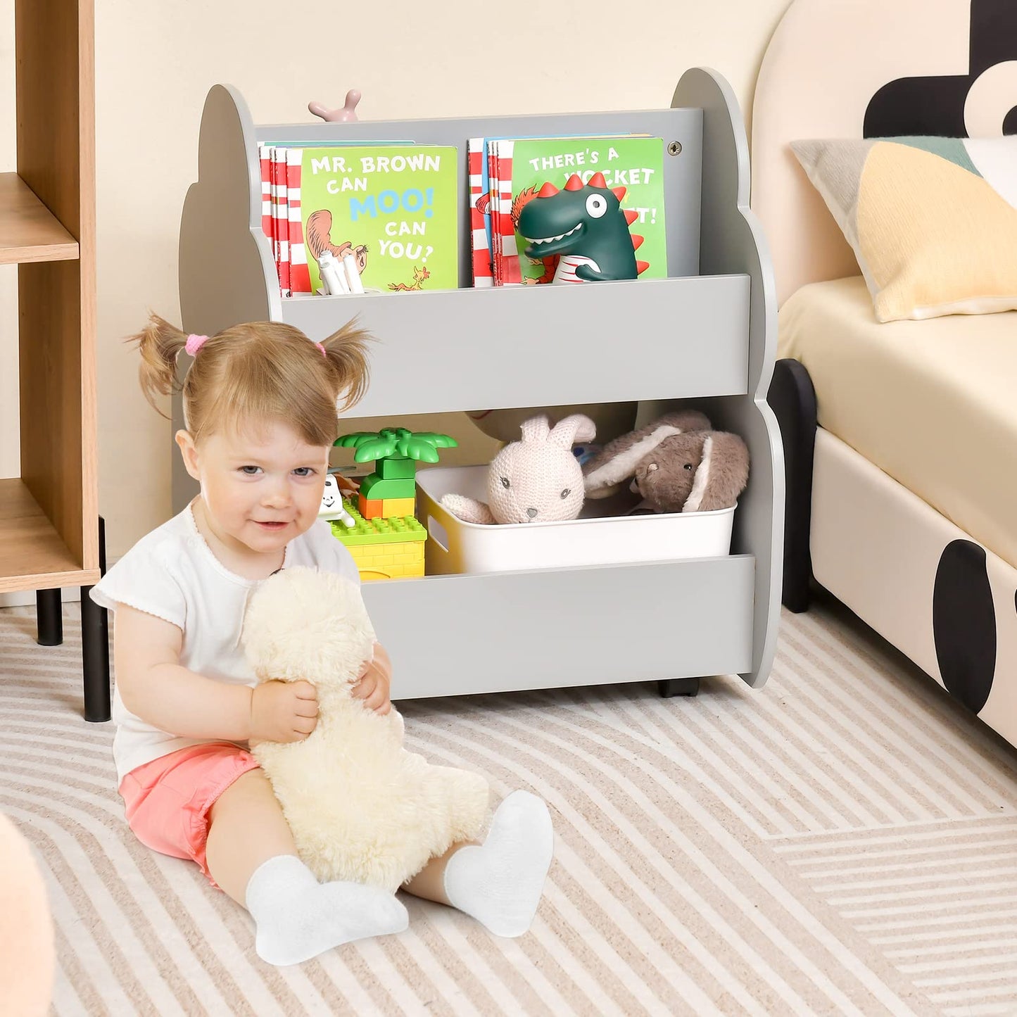 OLAKIDS Kids Bookshelf with Wheels, Wooden Bookcase Toy Storage Cabinet Organizer Holder
