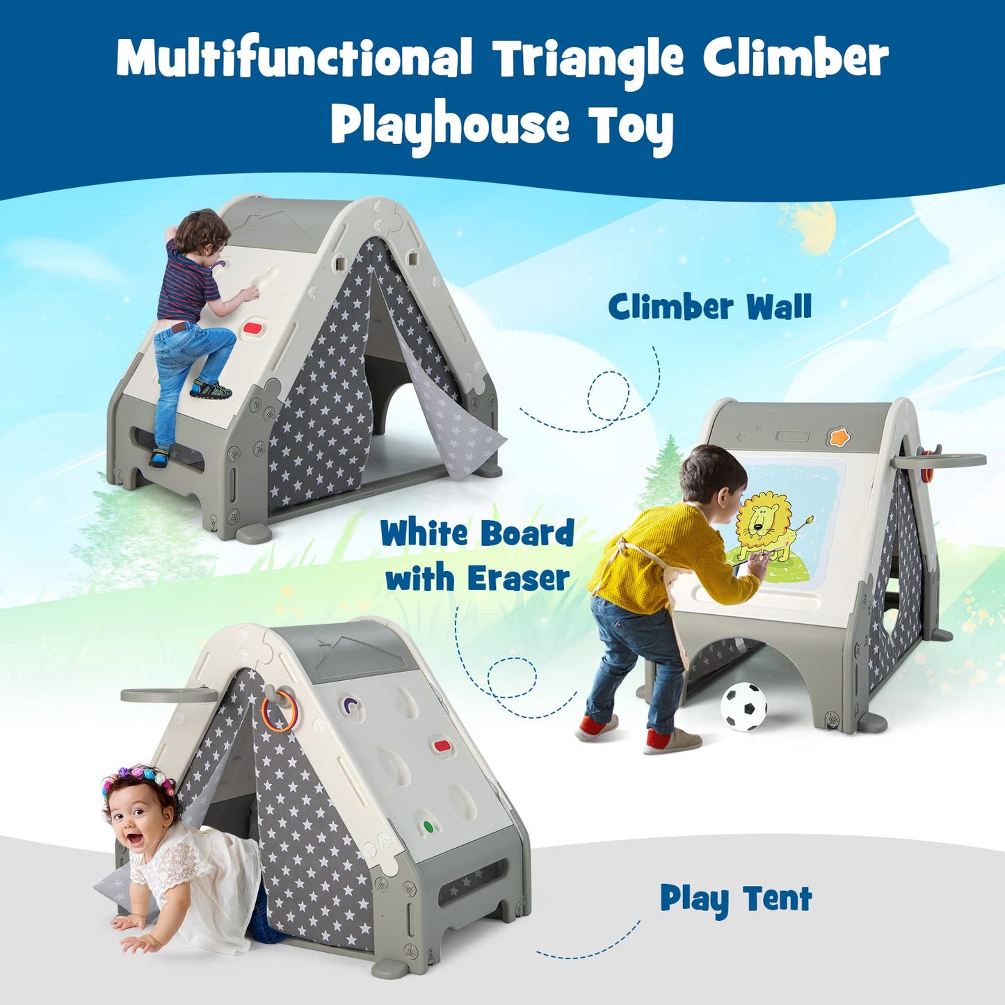 OLAKIDS Triangle Climber with Tent, Kids Hideaway Play Tent with Art Easel
