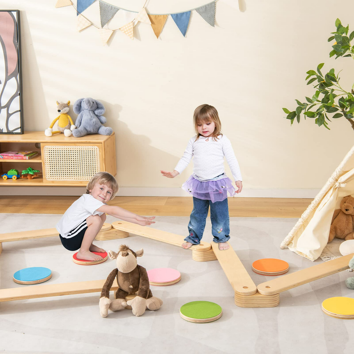 OLAKIDS Montessori Wooden Balance Beam Stepping Stones for Kids Toddler,12 Piece Obstacle Course for Playroom Indoor Outdoor OLAKIDS