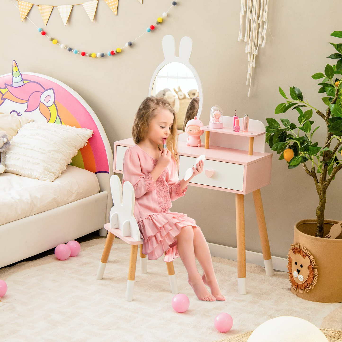 OLAKIDS Kids Vanity Set, 2 in 1 Wooden Princess Makeup Table and Chair with Mirror OLAKIDS