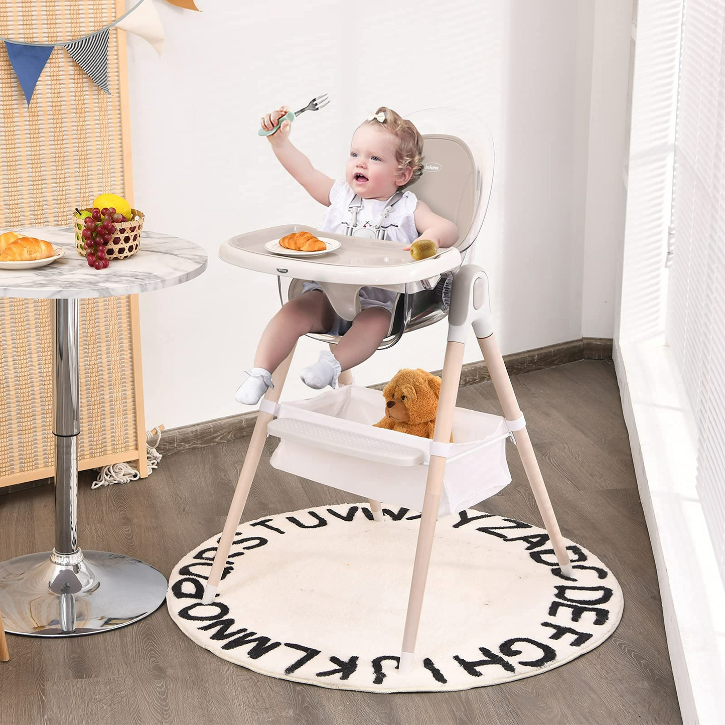 OLAKIDS 4 in 1 Wooden Baby High Chair, Rocking Chair/Booster Seat/Toddler Chair Infant Dining Chairs w/ Double Removable Tray OLAKIDS