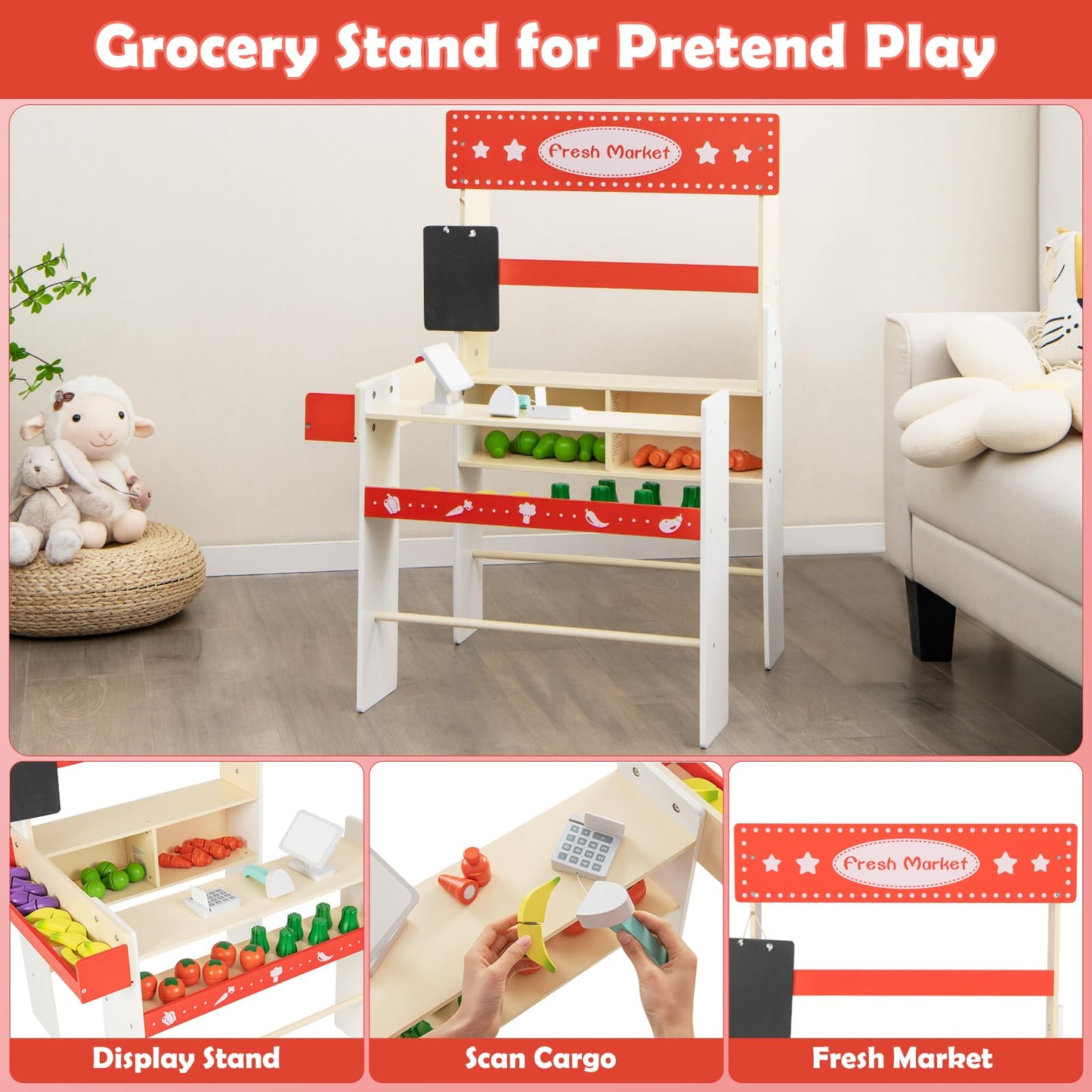 OLAKIDS Grocery Store Marketplace Toy, Kids Wooden Market Stand Pretend Play Set