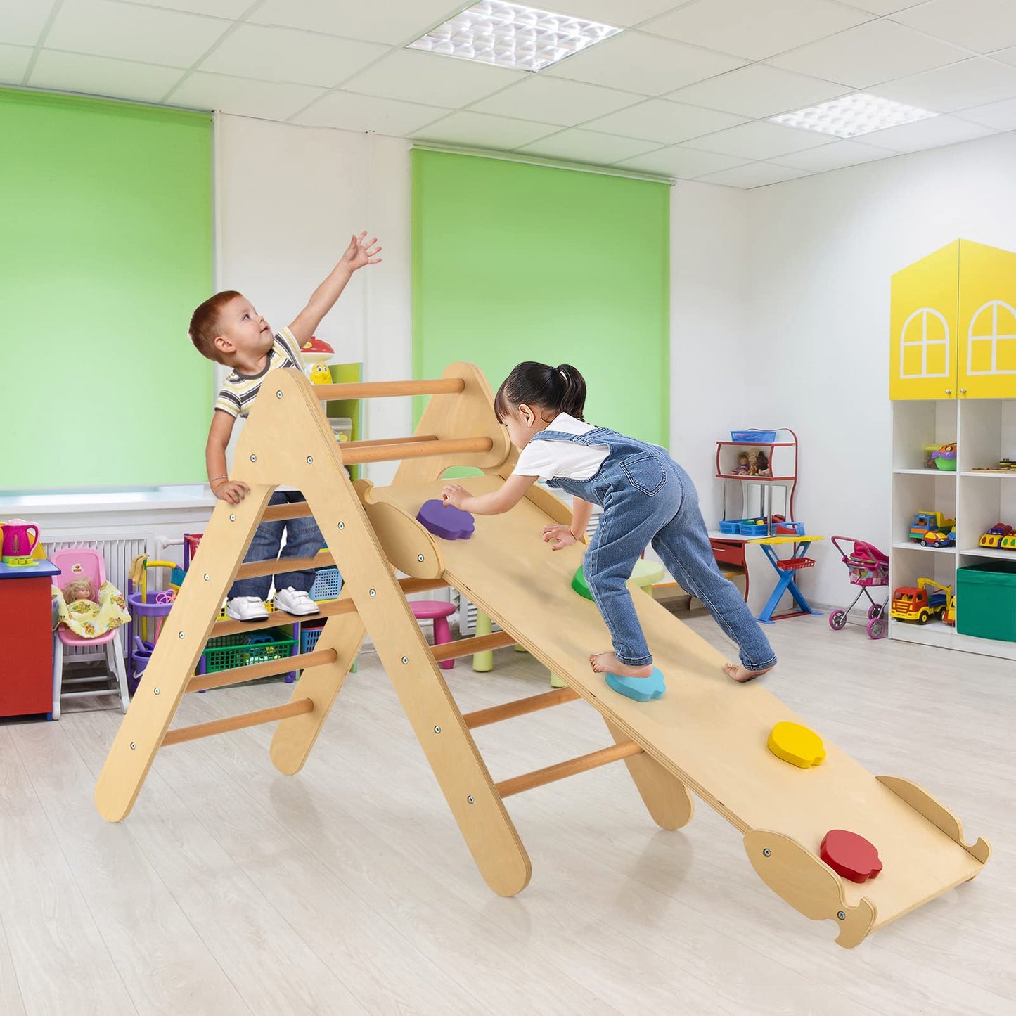 OLAKIDS Toddlers Triangle Climber, 3 in 1 Montessori Kids Wood Climbing Toy with Ramp, Ladder, Slide