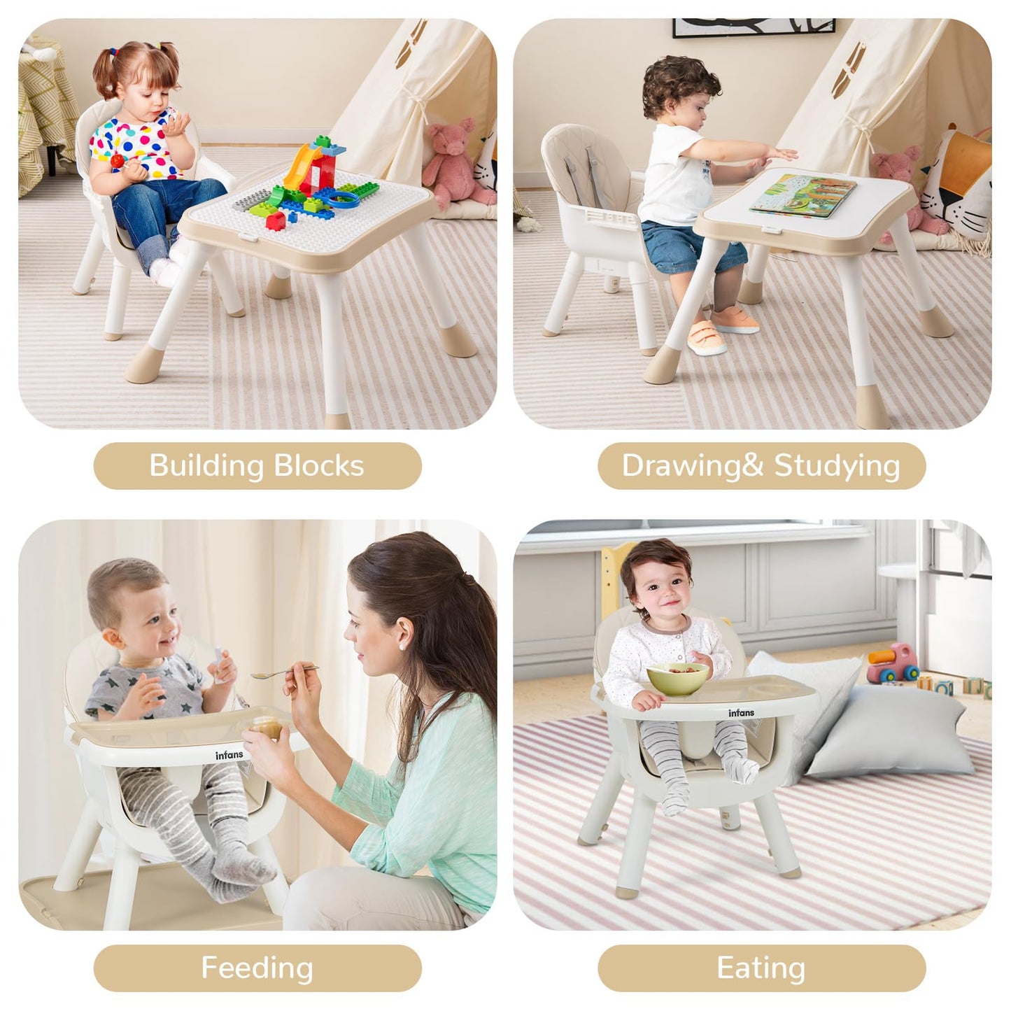 OLAKIDS 6 in 1 Baby High Chair, Convertible Highchair for Babies and Toddlers, Building Block Table
