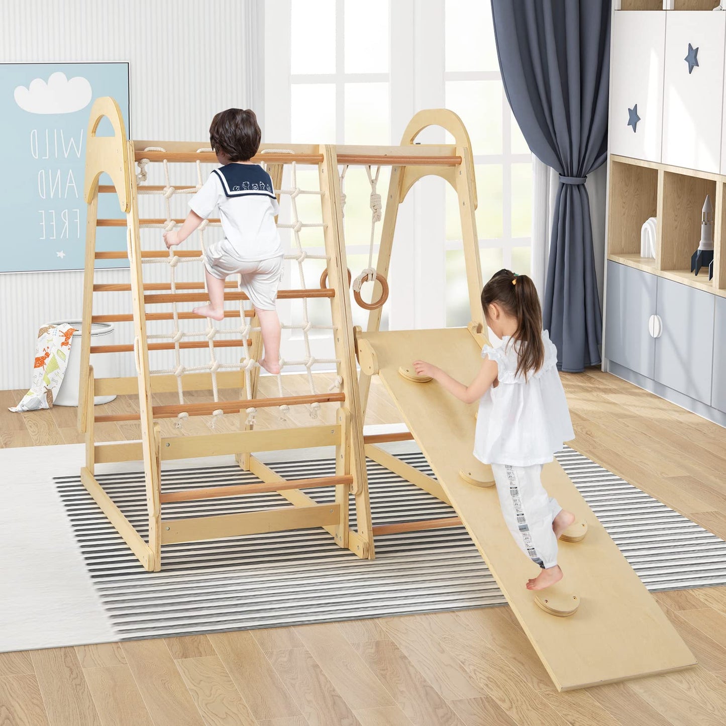 OLAKIDS 7 in 1 Kids Indoor Playground, Wooden Montessori Climber Playset with Tent Slide Climbing Rock Climbing Net