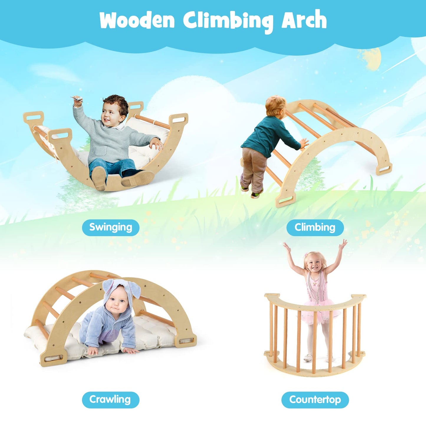 OLAKIDS 4 in 1 Arch Climbing Toys for Toddlers, Montessori Wooden Arch Climber Ladder Structure and Rocker with Cushion Pad