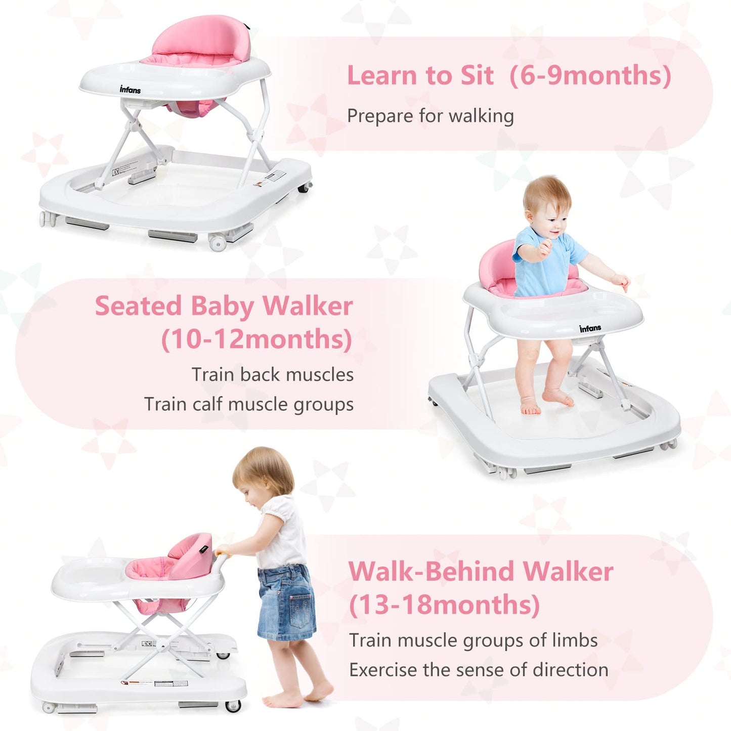 INFANS Foldable Baby Walker, 3 in 1 Toddler Walker Learning-Seated Walk-Behind for Boys and Girls, Adjustable Speed Rear Wheels, Safety Bumper, Detachable Seat Cover, Anti-Rollover (Pink)