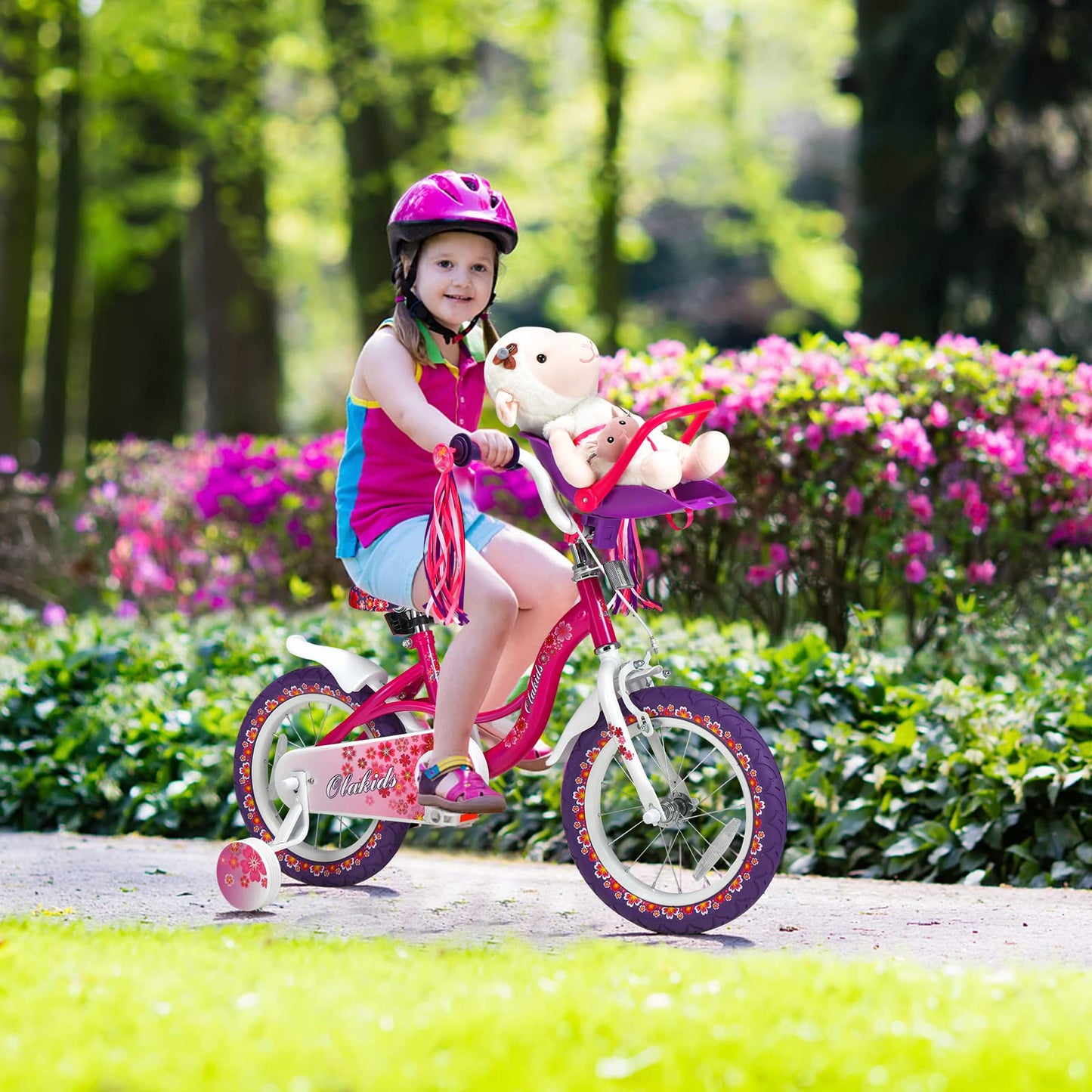 OLAKIDS Kids Bike for Girls, 14 16 Inch Children's Bicycle with Removable Training Wheels and Doll Seat