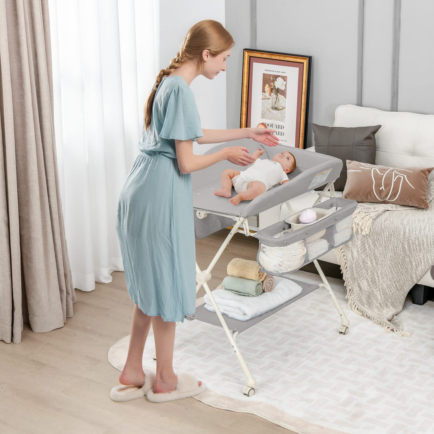 OLAKIDS Portable Baby Changing Table, Folding Diaper Dresser Station with Wheels, Adjustable Height, Safety Belt, Drying and Storage Rack OLAKIDS