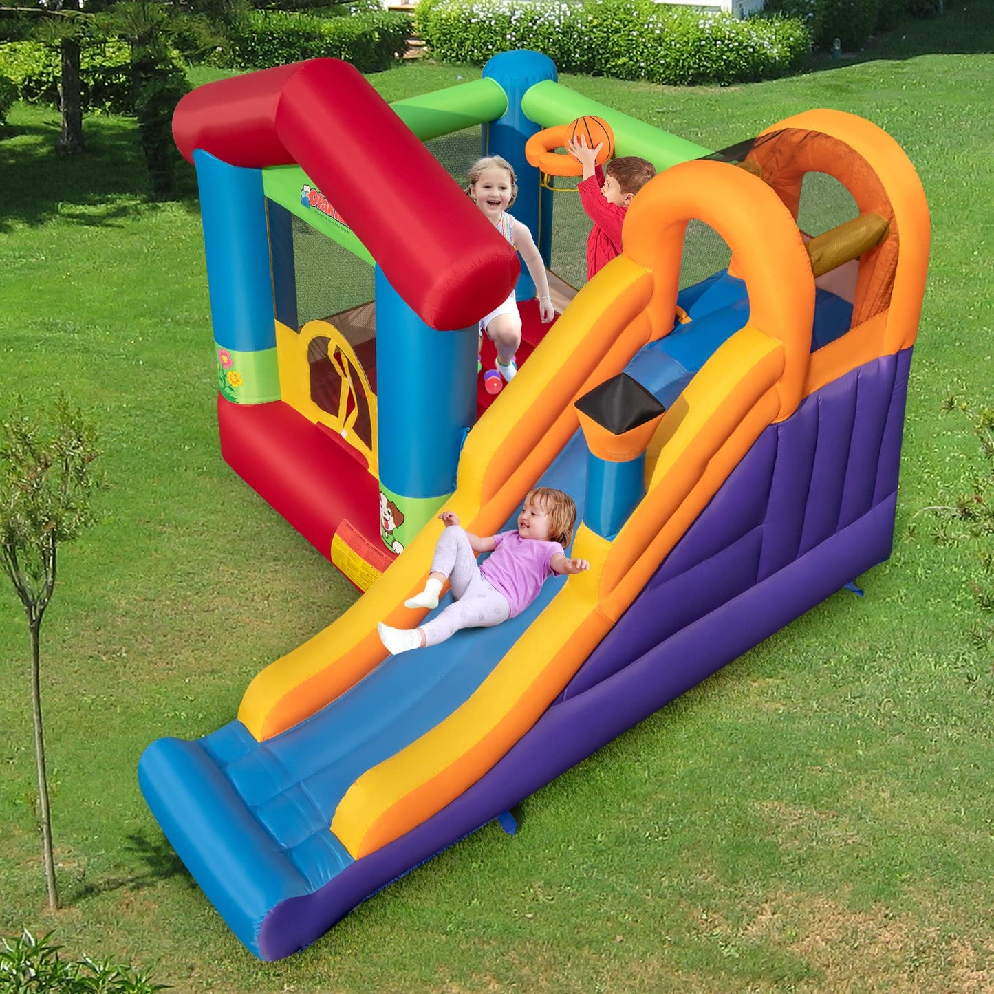 OLAKIDS Inflatable Bounce House, Kids Jumping Castle with Slide, Basketball Rim, Climbing Wall