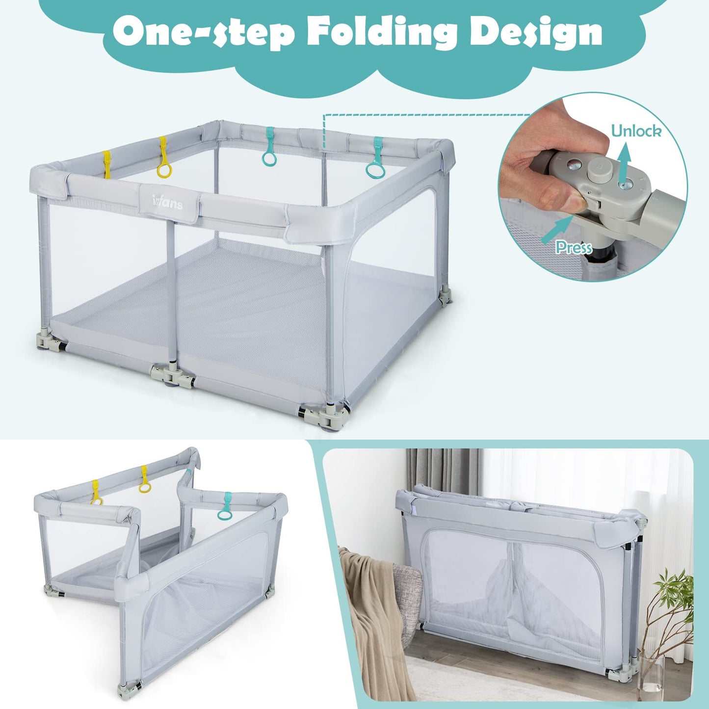 OLAKIDS Baby Playpen, 50’’x50’â€?Foldable Large Baby Playard, Indoor Outdoor Kids Activity Center Baby Fence