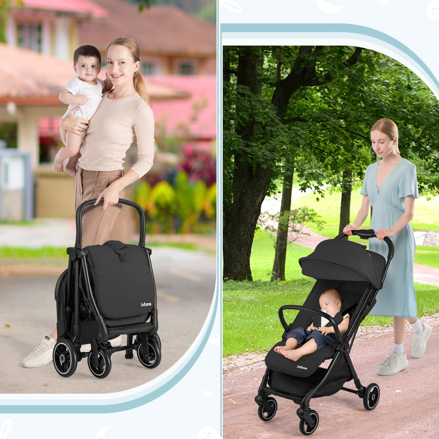 INFANS Lightweight Baby Stroller, One-Hand Gravity Fold, Compact Travel Stroller for Airplane with Aluminium Frame, Adjustable Backrest and Canopy, Foldable Infant Toddler Stroller for 0-36 Month