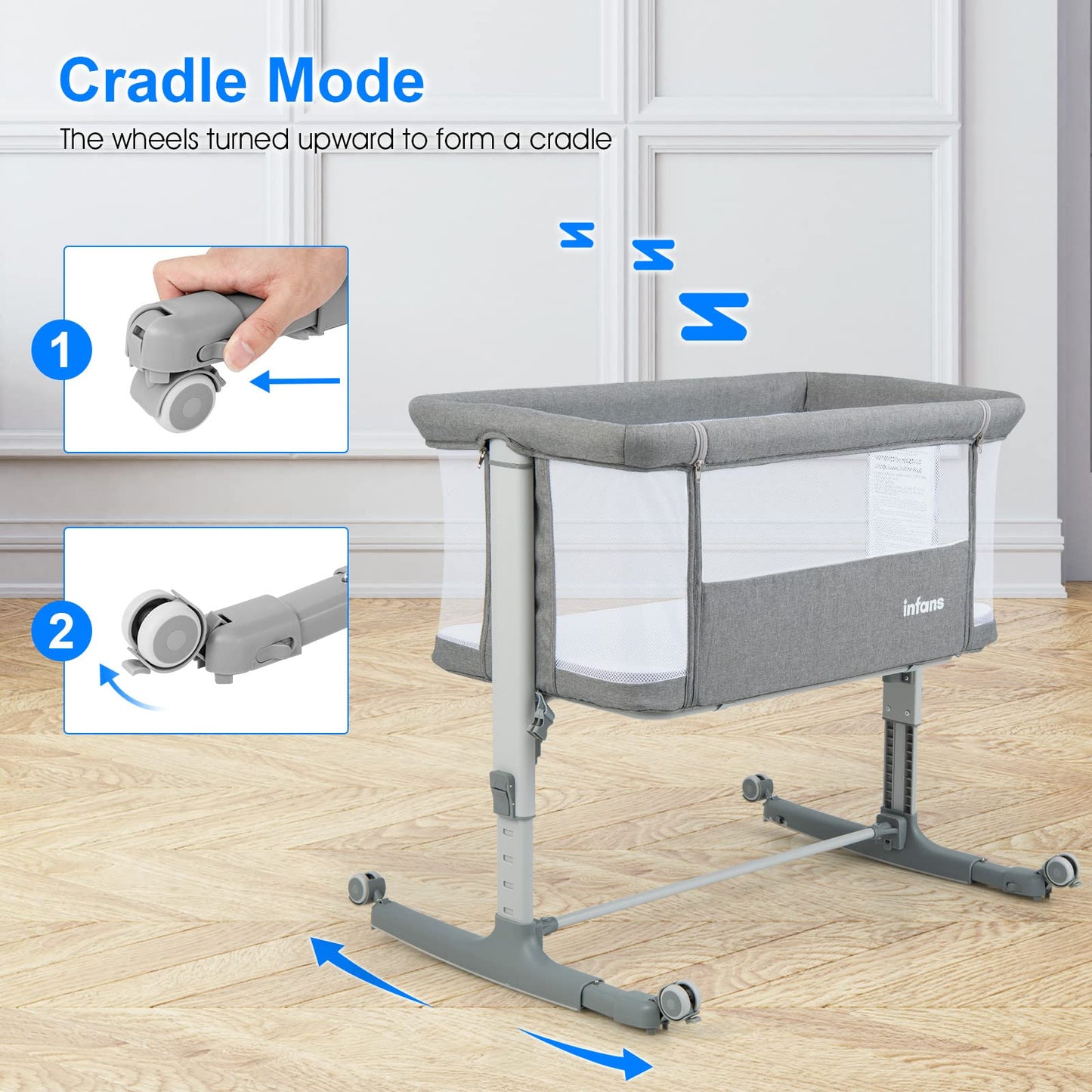 INFANS 3 in 1 Baby Bassinets, Bedside Sleeper for Newborn, Folding Crib with Mattress, Travel Bag, Wheels, 4-Sided Mesh, Easy to Assemble Cradle Co Sleeper Stationary, Rock