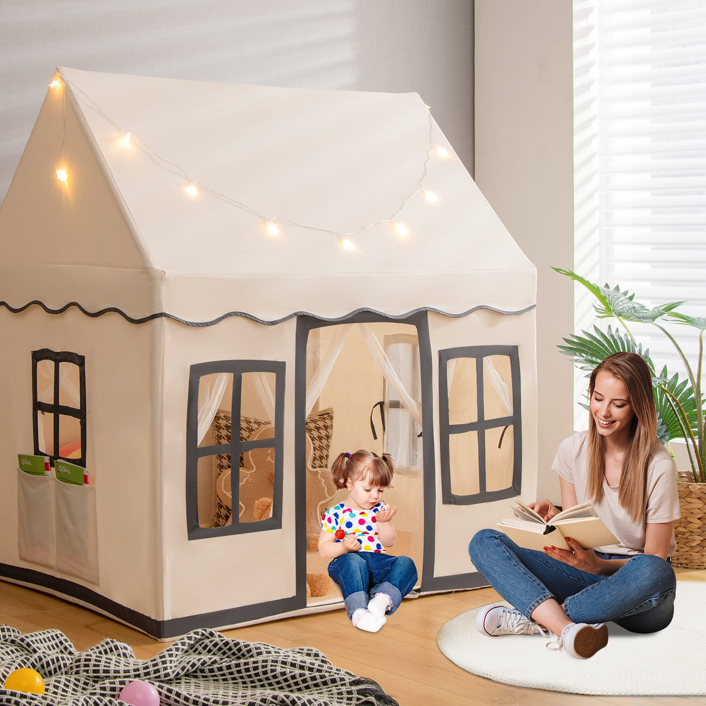 OLAKIDS Kids Play Tent with Washable Mat Star Light Windows, Large Playhouse Toys for Children Boys Girls OLAKIDS