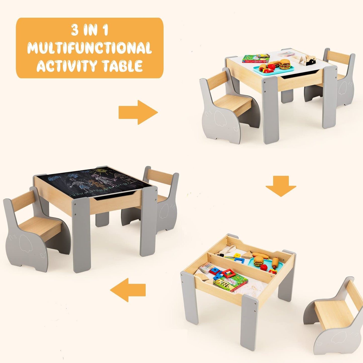 OLAKIDS 3 in 1 Kids Table and Chair Set, Wood Multi Activity Table with Removable Tabletop OLAKIDS