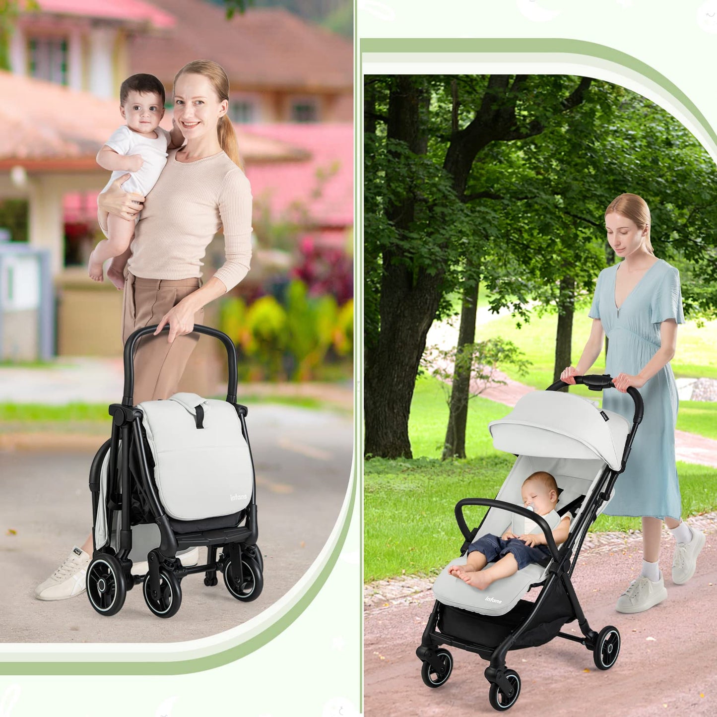 INFANS Lightweight Baby Stroller, One-Hand Gravity Fold, Compact Travel Stroller for Airplane with Aluminium Frame, Adjustable Backrest and Canopy, Foldable Infant Toddler Stroller for 0-36 Month
