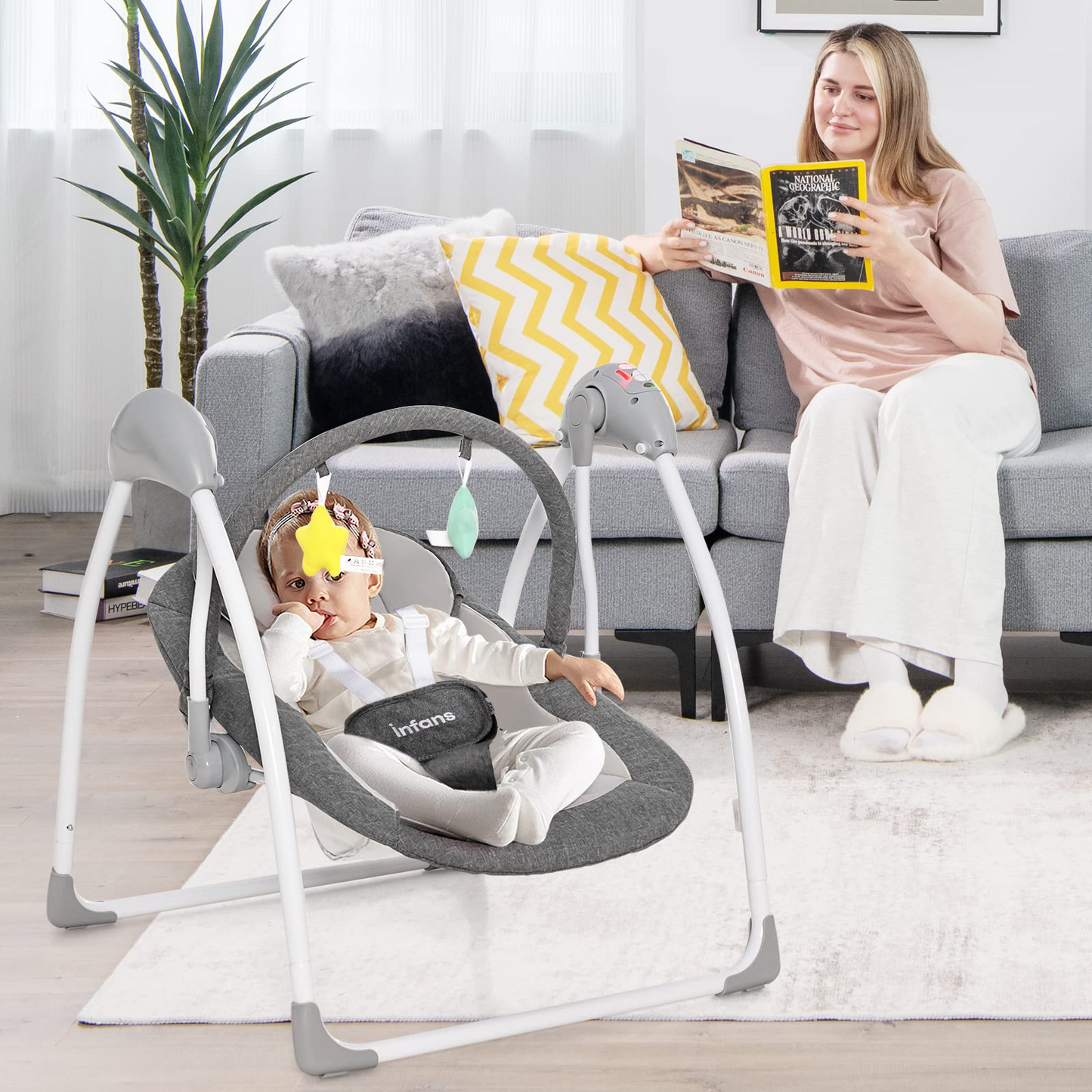 OLAKIDS Baby Swing for Infants, Compact Portable Baby Electric Rocker for Newborn with 5 Speed Natural Sway Music Timing 2 Toys Remote Control, Easy Fold, 0-6 Months Boy Girl (Grey) OLAKIDS