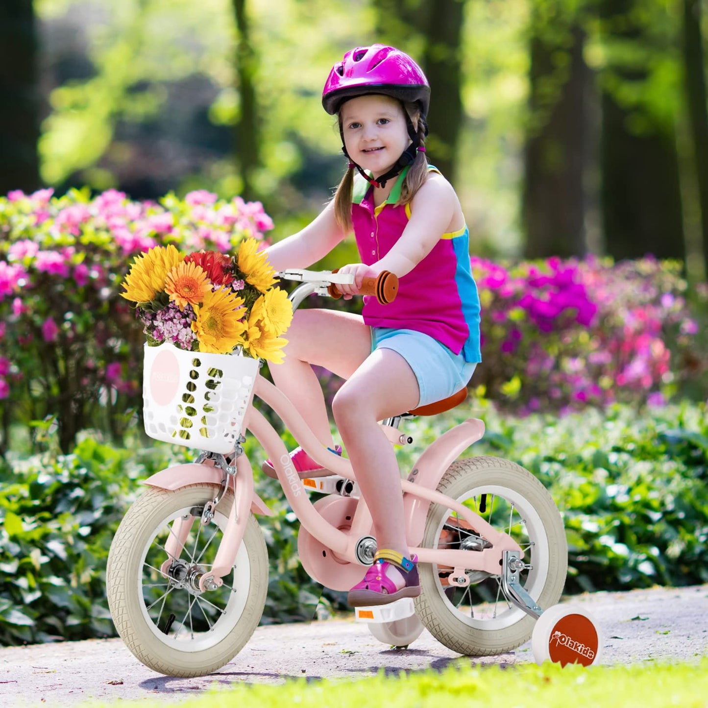OLAKIDS Kids Bike for Girls, 12 14 16 Inch Children's Bicycle with Removable Basket and Training Wheels, Safety Bell