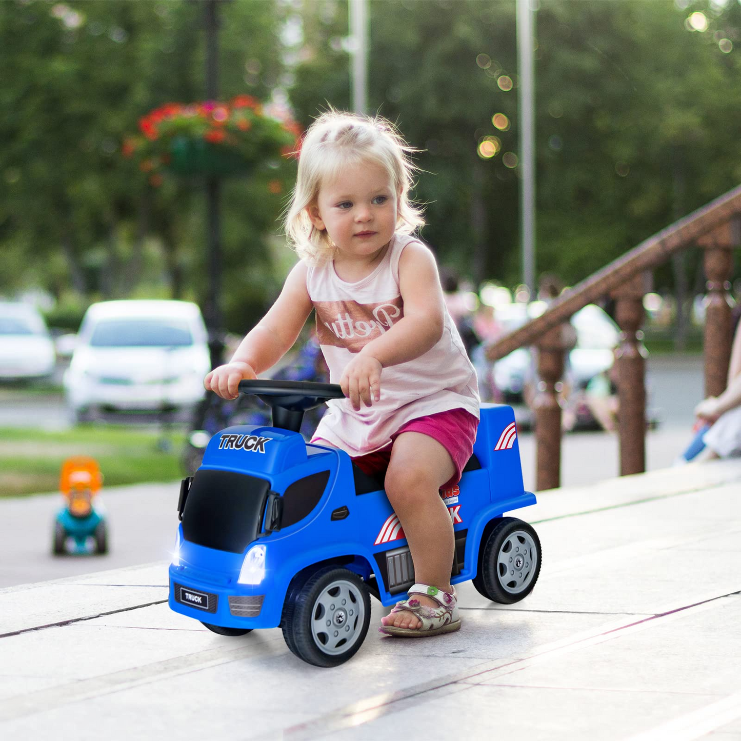 OLAKIDS Kids Ride On Push Car, 2 in 1 Foot-to-Floor Sliding Truck with Detachable Trailer, Steering Wheel, Headlights, Music, Alarm Sound, Toy Walker Gift for Toddlers Age 1.5-3 Boys Girls OLAKIDS