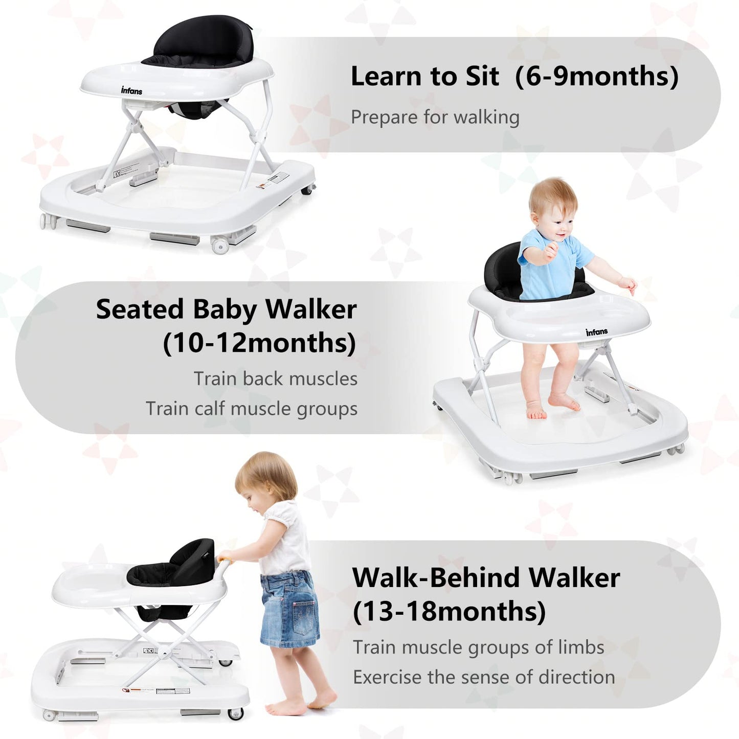 INFANS Foldable Baby Walker, 3 in 1 Toddler Walker Learning-Seated Walk-Behind for Boys and Girls, Adjustable Speed Rear Wheels, Safety Bumper, Detachable Seat Cover, Anti-Rollover (Pink)