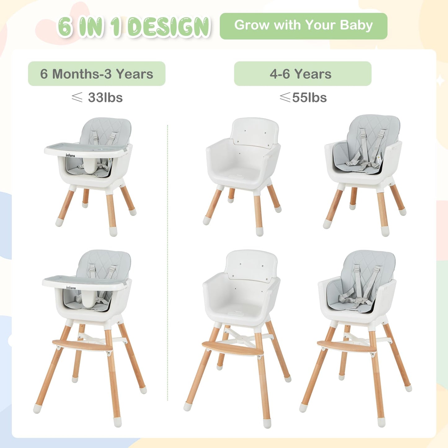 OLAKIDS Baby High Chair, 6 in 1 Convertible Wooden Highchair, Infant Feeding Chair