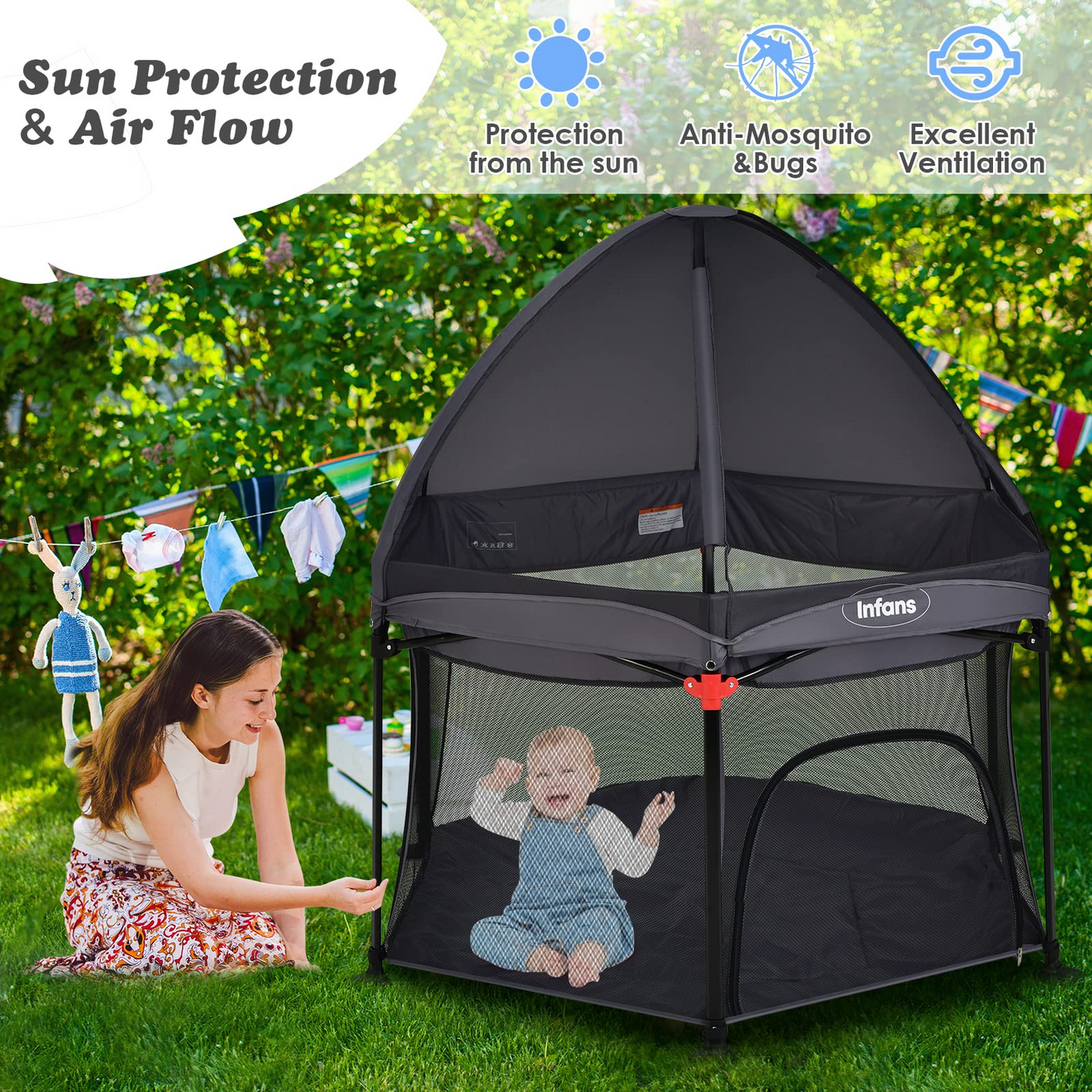 Portable Foldable 53" Baby Playpen with Mesh & UV Canopy OLAKIDS