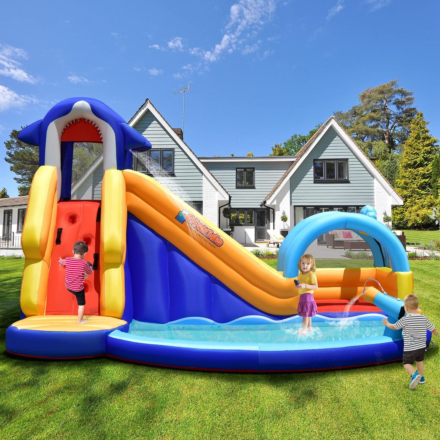 OLAKIDS Inflatable Water Slides, Shark Theme 14FT x 10FT x 8.5FT Bouncy House with Slide, Splash Pool, Climbing Wall, Water Gun OLAKIDS