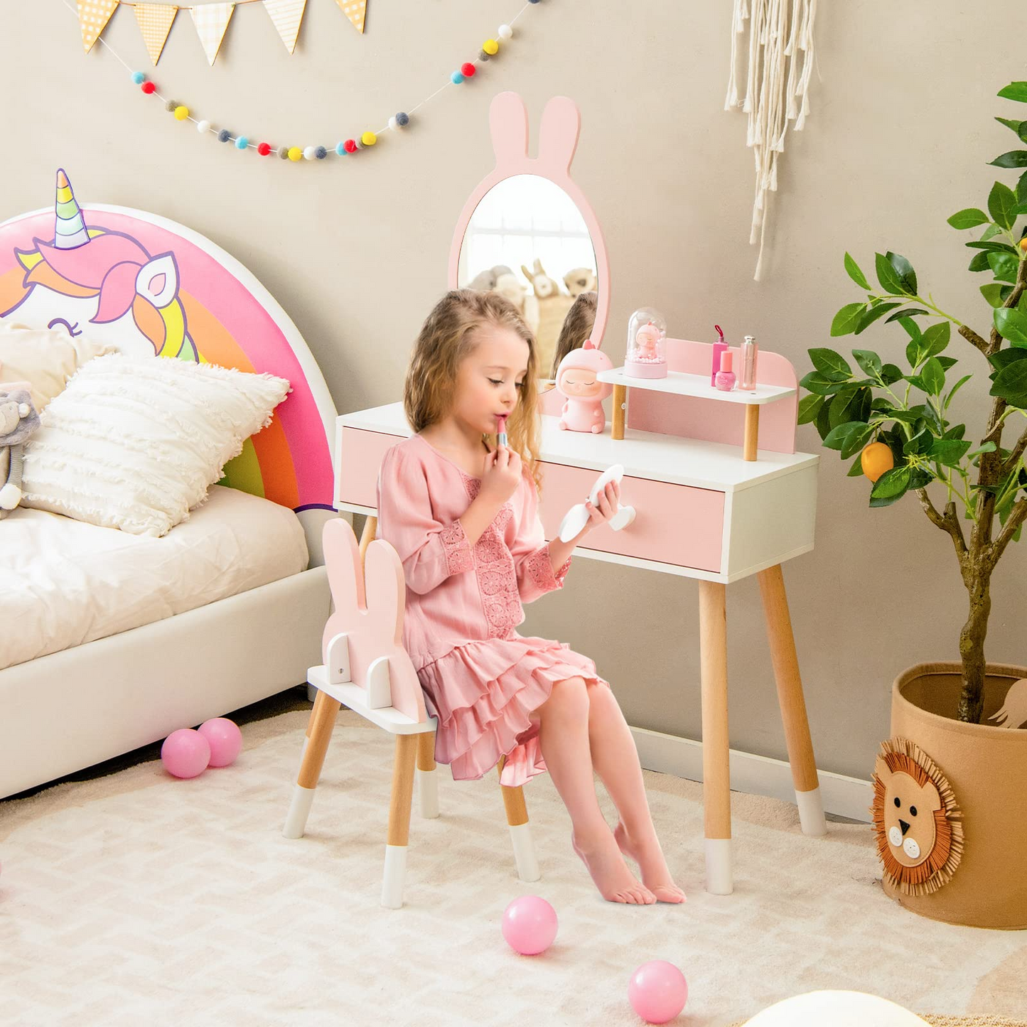 OLAKIDS Kids Vanity Set, 2 in 1 Wooden Princess Makeup Table and Chair with Mirror OLAKIDS