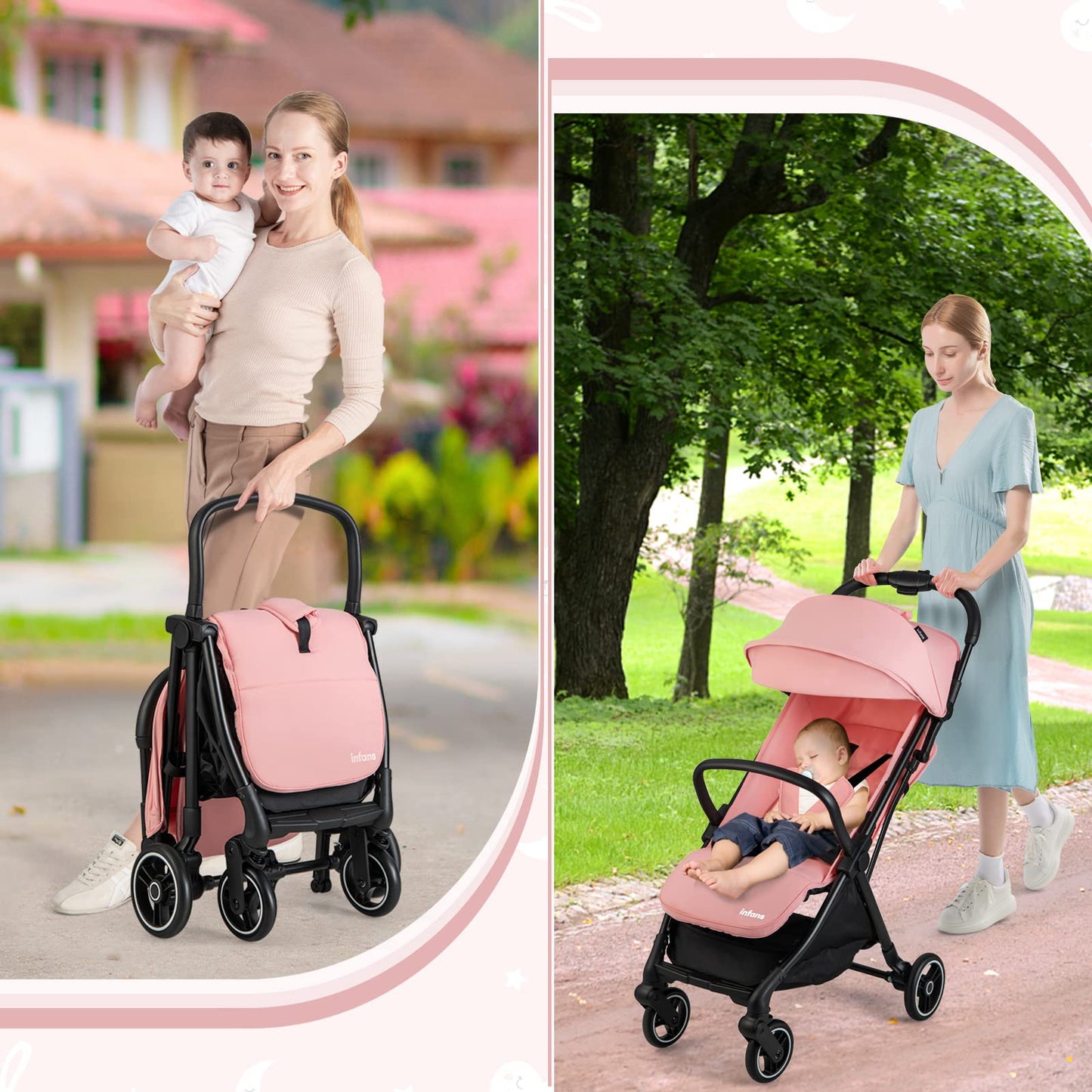 INFANS Lightweight Baby Stroller, One-Hand Gravity Fold, Compact Travel Stroller for Airplane with Aluminium Frame, Adjustable Backrest and Canopy, Foldable Infant Toddler Stroller for 0-36 Month
