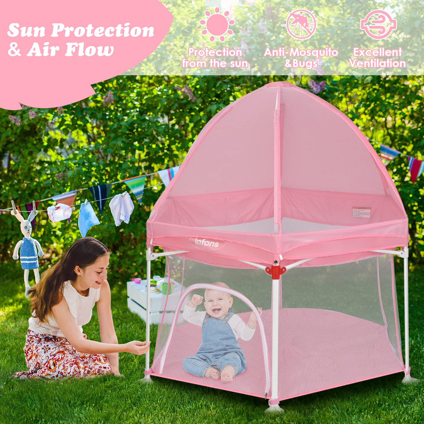 Portable Foldable 53" Baby Playpen with Mesh & UV Canopy OLAKIDS