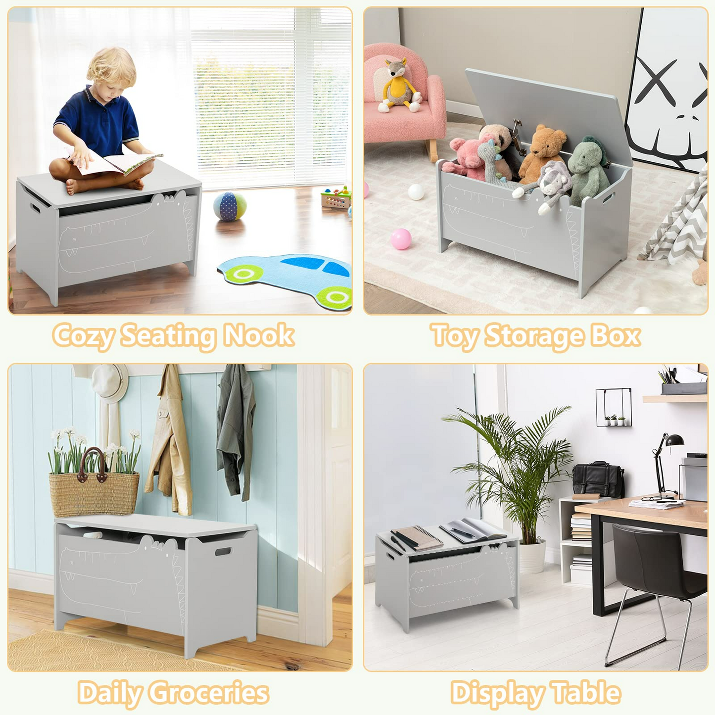 OLAKIDS Wooden Toy Chest , Wide Kids Toy Box Storage Space with Safety Hinge and Handles OLAKIDS