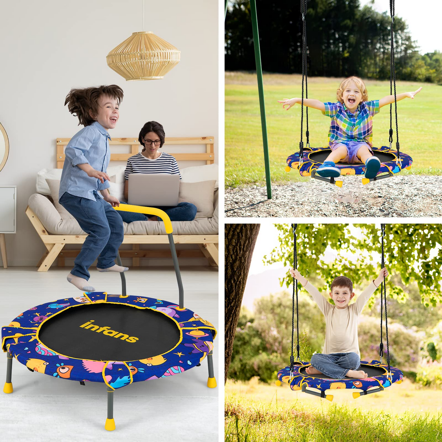 2 in 1 Trampoline and Swing Combo with Adjustable Straps Detachable Handrail OLAKIDS