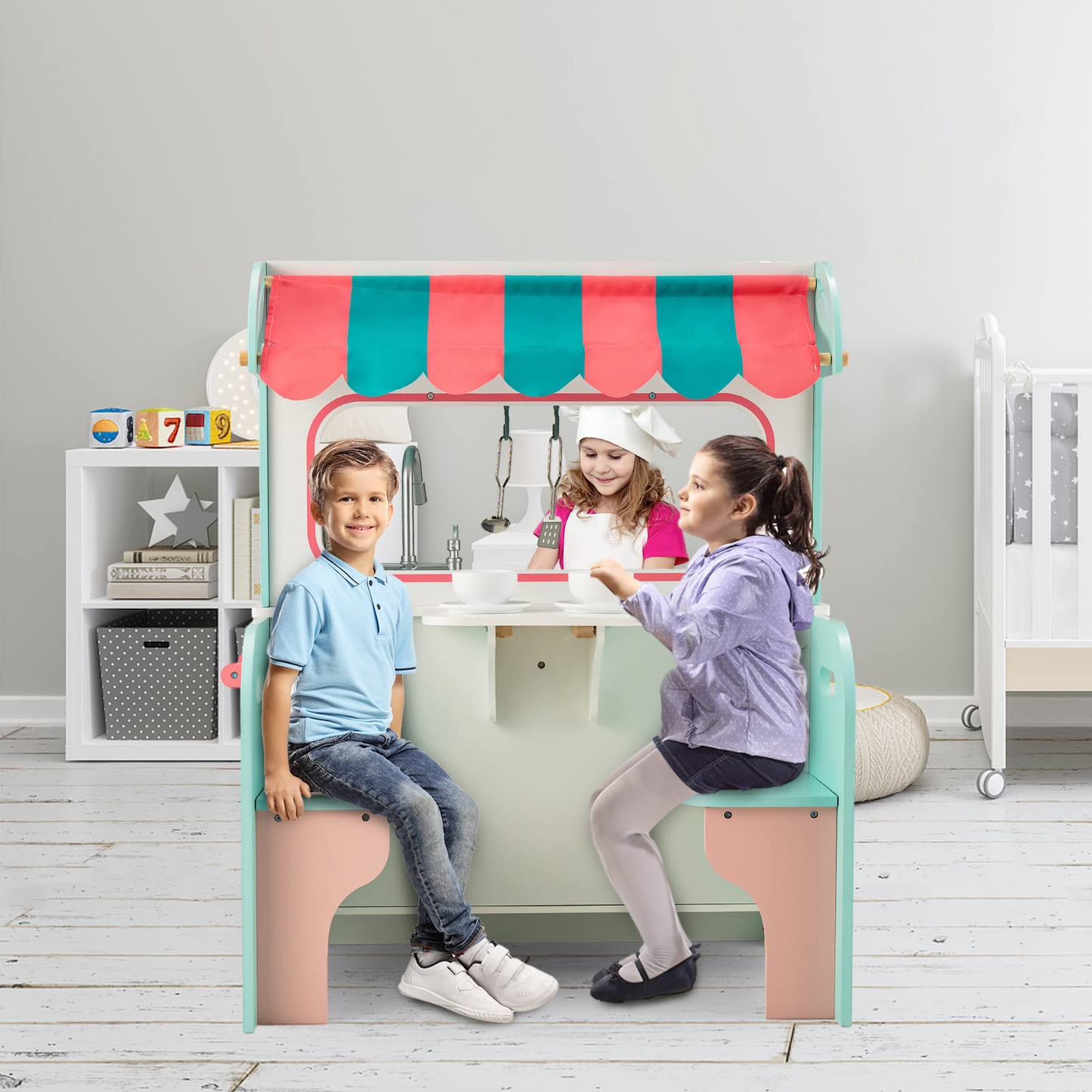 OLAKIDS 2 in 1 Kids Play Kitchen and Restaurant, Double Sided Toddler Wooden Pretend Cooking Set with Stove Sink Microwave Storage Cabinet OLAKIDS