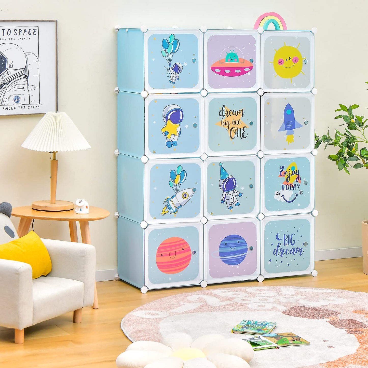 INFANS Children Wardrobe, Kid Closet Portable Baby Dresser Cute for Kids Bedroom Nursery Armoire with Doors 12 Cube 2 Hanging Sections, Kid Clothes Storage Organizer
