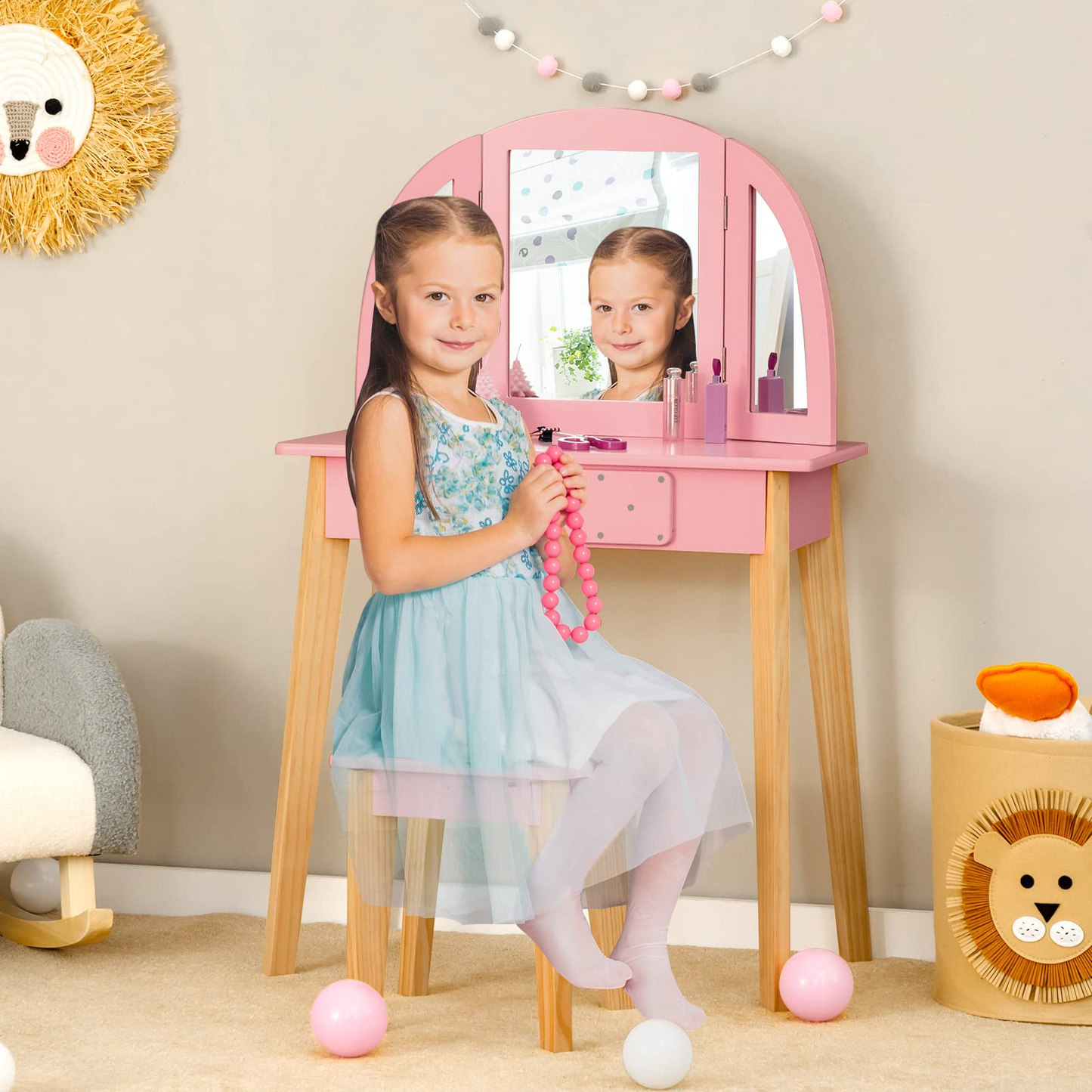 OLAKIDS Kids Vanity Table and Chair Set, Pretend Beauty Play Vanity Set with Tri-Folding Mirror Drawer Stool and Detachable Top, 2 in 1 Wooden Princess Makeup Dressing Table for Girls OLAKIDS