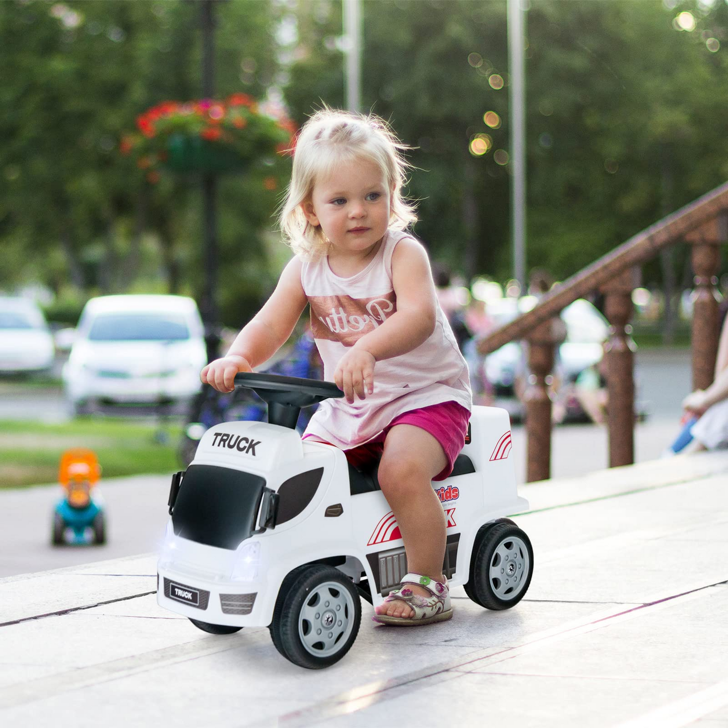 OLAKIDS Kids Ride On Push Car, 2 in 1 Foot-to-Floor Sliding Truck with Detachable Trailer, Steering Wheel, Headlights, Music, Alarm Sound, Toy Walker Gift for Toddlers Age 1.5-3 Boys Girls OLAKIDS
