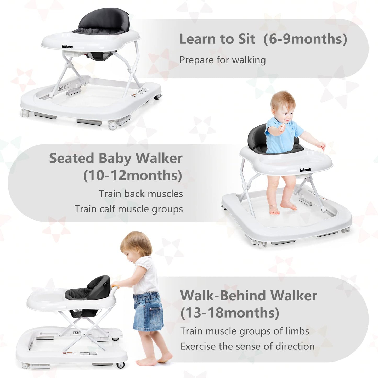 INFANS Foldable Baby Walker, 3 in 1 Toddler Walker Learning-Seated Walk-Behind for Boys and Girls, Adjustable Speed Rear Wheels, Safety Bumper, Detachable Seat Cover, Anti-Rollover (Pink)