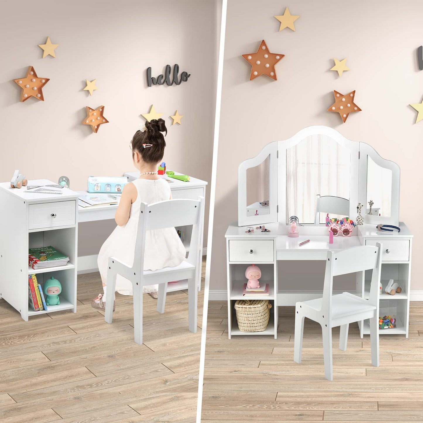 OLAKIDS Kids Vanity, 2 in 1 Princess Makeup Desk and Chair Set with Drawers Tri-Folding Detachable Mirror Large Storage Shelves