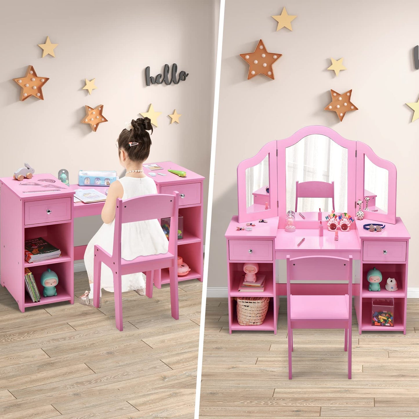 OLAKIDS Kids Vanity, 2 in 1 Princess Makeup Desk and Chair Set with Drawers Tri-Folding Detachable Mirror Large Storage Shelves